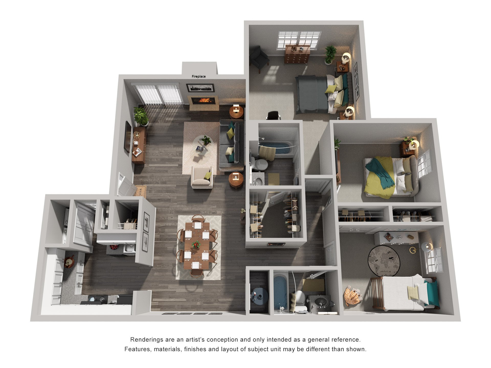 Floor plan for 3 beds, 2 baths, 1236 sqft